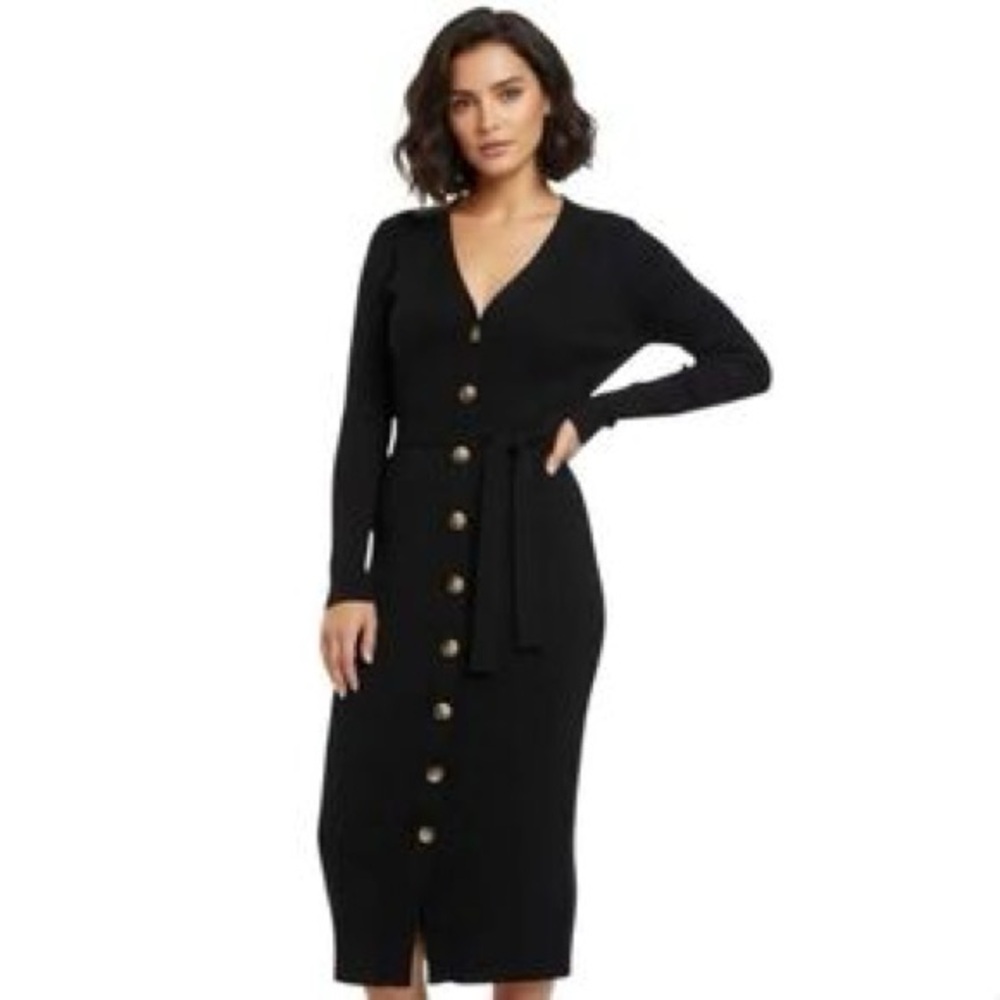 Black Rib-Knit Button-Up Dress​
